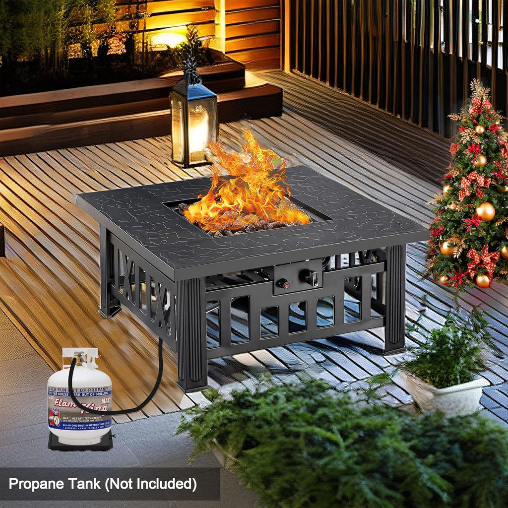 Propane Fire Pit, 30 Inch Outdoor Gas Fire Table, 50,000 BTU Square Firepit with Lid and Lava Rock