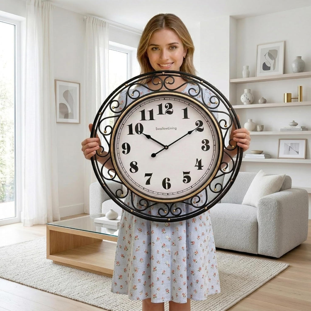24 Inch Vintage Iron Metal Frame Wall Clock Silent, Battery Operated, Elegant Retro Decor