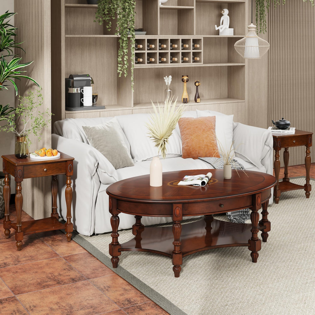 Solid Wood Side Table with Drawer, Victorian Style Vintage Nightstand, Antique Cherry Wood End Tables Living Room