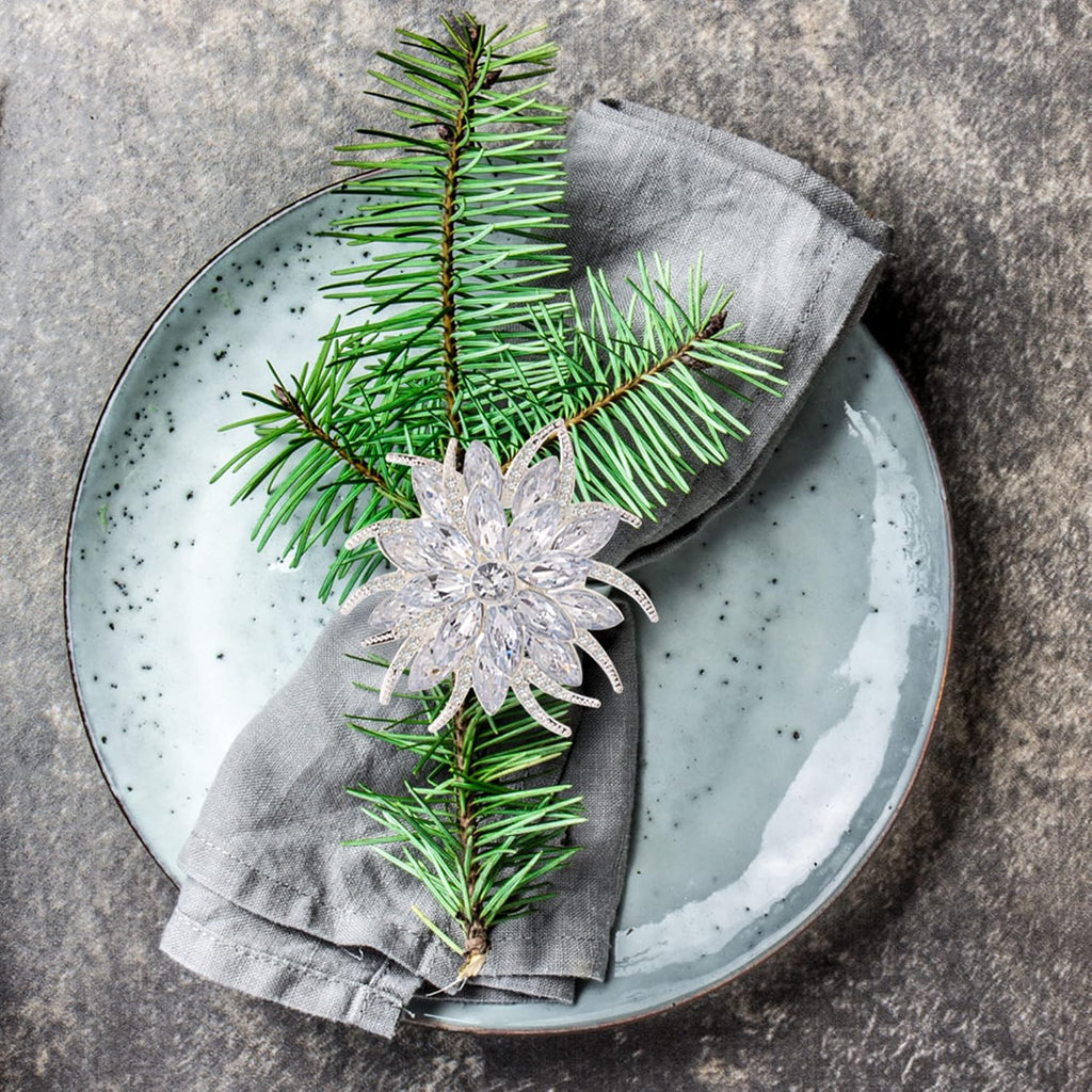 Christmas Flower Napkin Rings, Silver Lotus Elegant Rhinestone Napkin Ring Serviette Buckles Holder - Set of 8