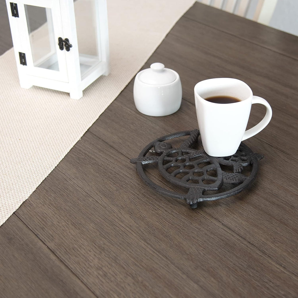 Cast Iron Trivet for Hot Dishes, Pots, and Pans, Metal Trivet, 2 Turtle Design, Rubber Feet Caps, Ring Hanger, 8.75