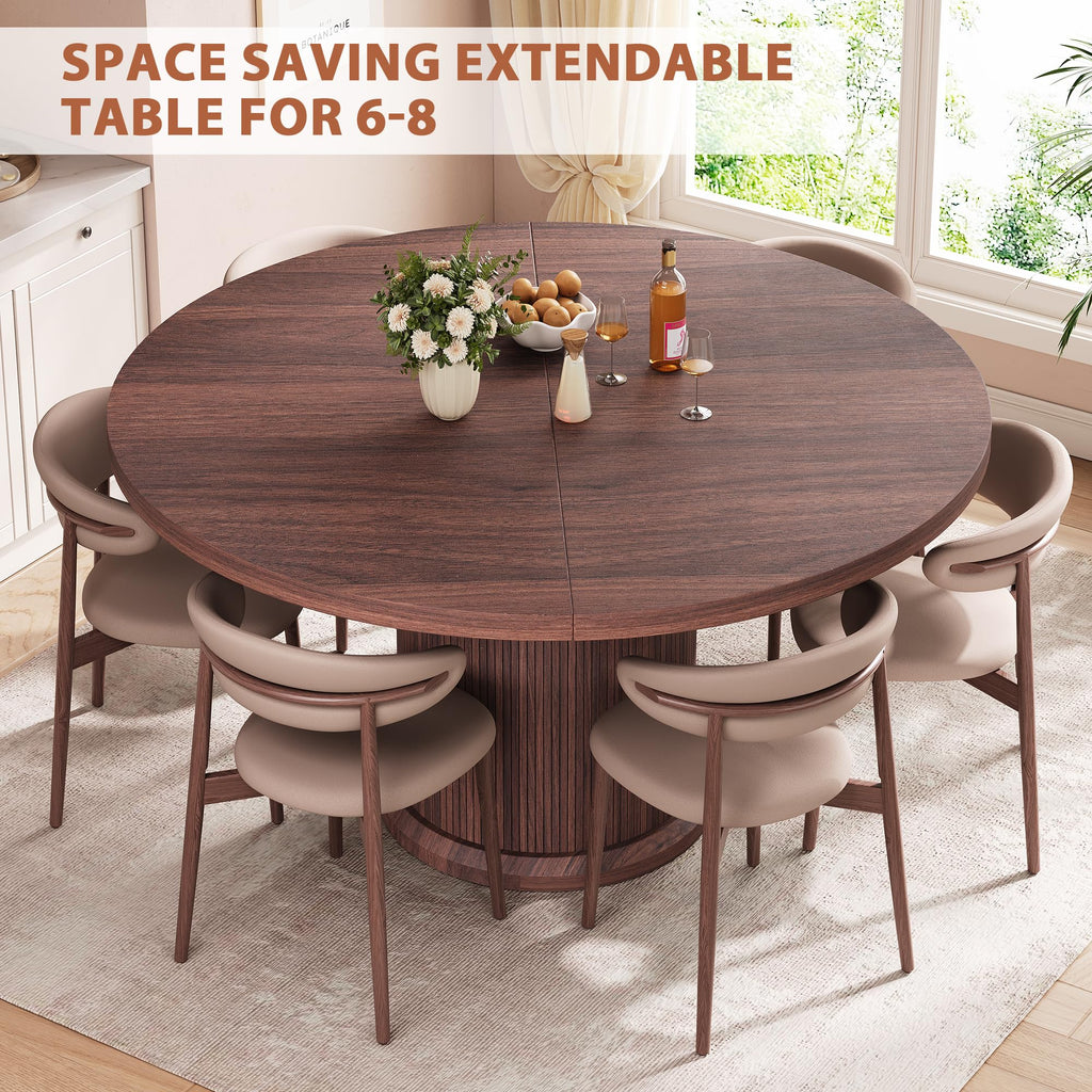 47′′-63′′ Extendable Round Dining Table for 4-8 with Dust-Proof 2-Tier Storage Shelf Space Saving Expandable Wood