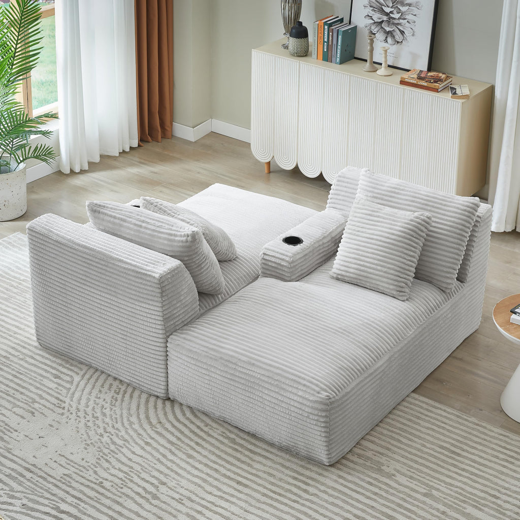 Oversized Double Chaise Lounge Indoor with Cup Holders & Side Pocket, 71" Plush Corduroy Boneless Chaise Lounge Sofa