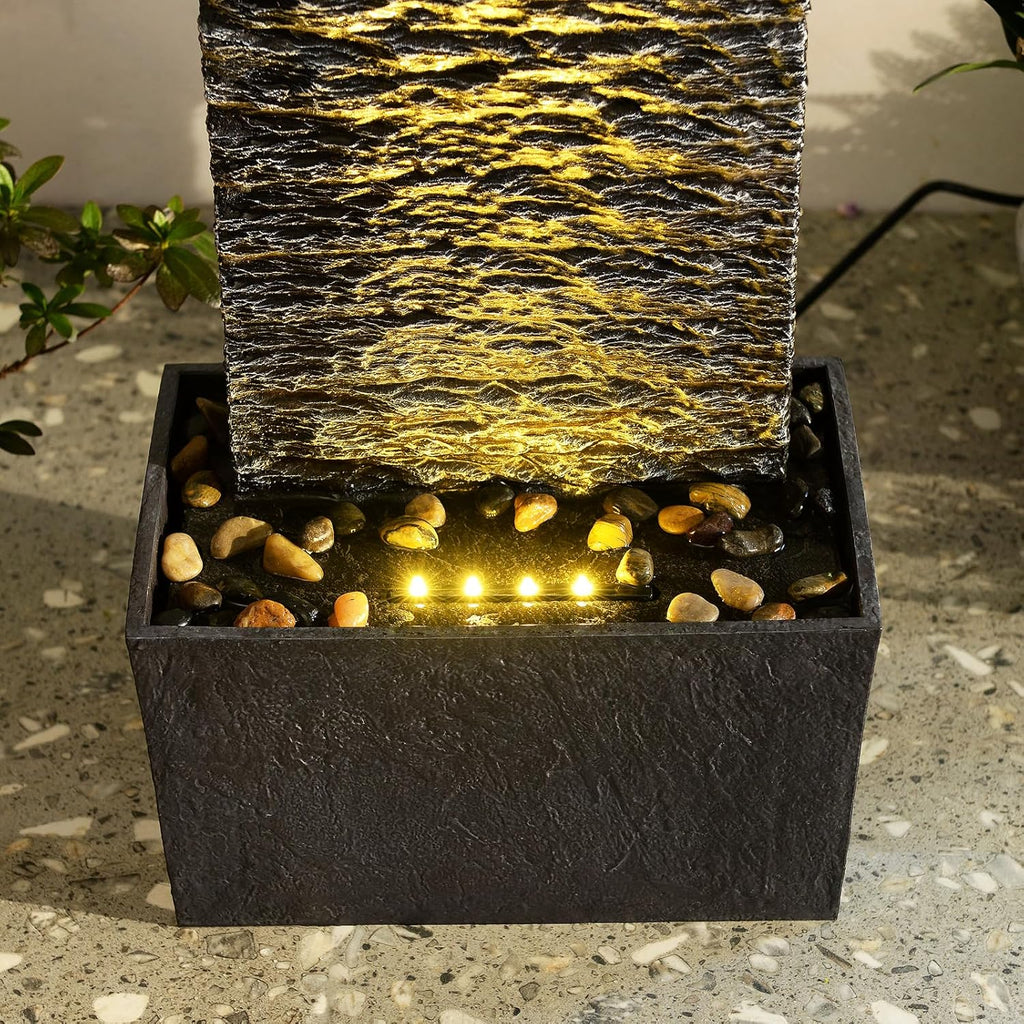 Water Fountain Outdoor, Floor Standing LED Illuminated Water Flow Elegant Water Fountain Pump 38.5" with Pebble Base