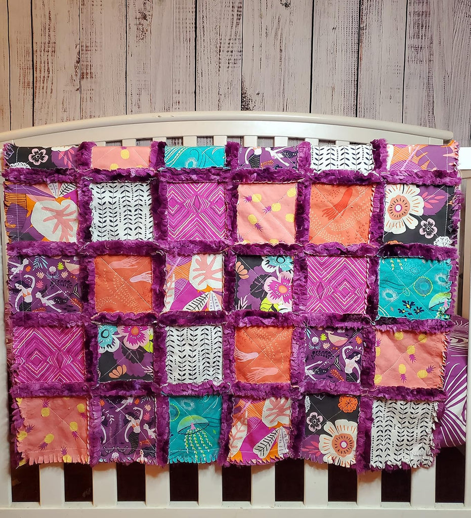 Mermaid Blanket, Quilt, Mermaid Patchwork Quilt, Crib Quilt, Boho Rag Quilt, Floral, Baby Bedding, Baby Quilt, Witchy