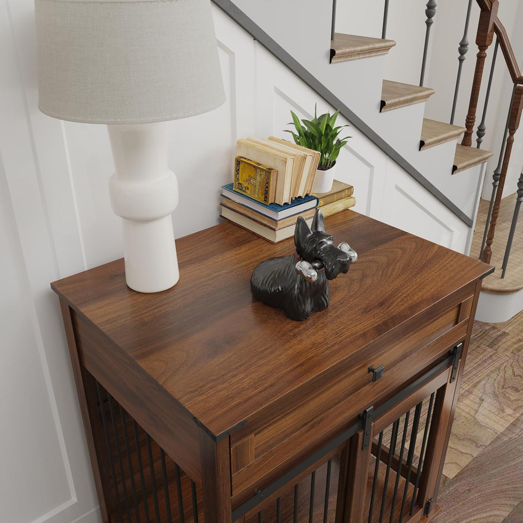 Wooden Dog Crate Furniture with Sliding Barn Door & Drawer, Walnut