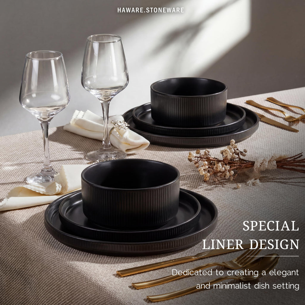 Dinnerware Sets, Plates and Bowls Set for 2, Matte Shadow Black