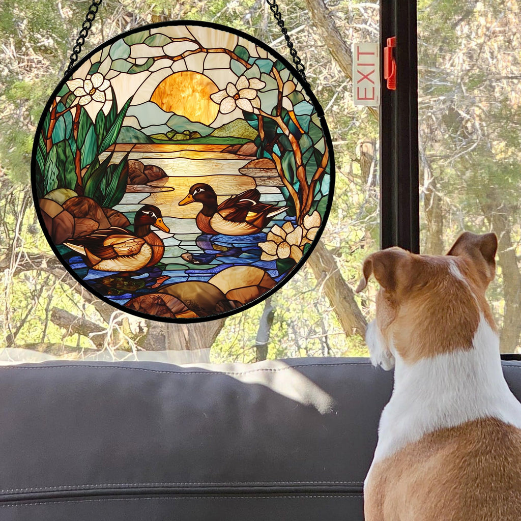 Stained Glass Window Hanging Duck Pond Suncatcher Gifts for Women 7.8"