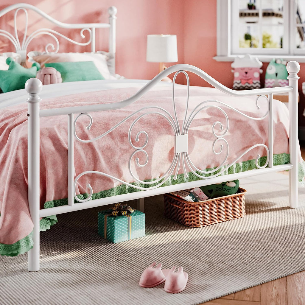 Queen Metal Bed Frame with Butterfly Headboard & Footboard, No Box Spring Needed