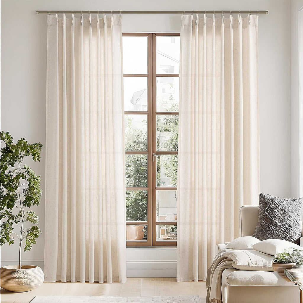 96 Inch Pinch Pleated Linen Curtains 2 Panel Set Light Filtering Privacy Window Curtains for Living Room Bedroom