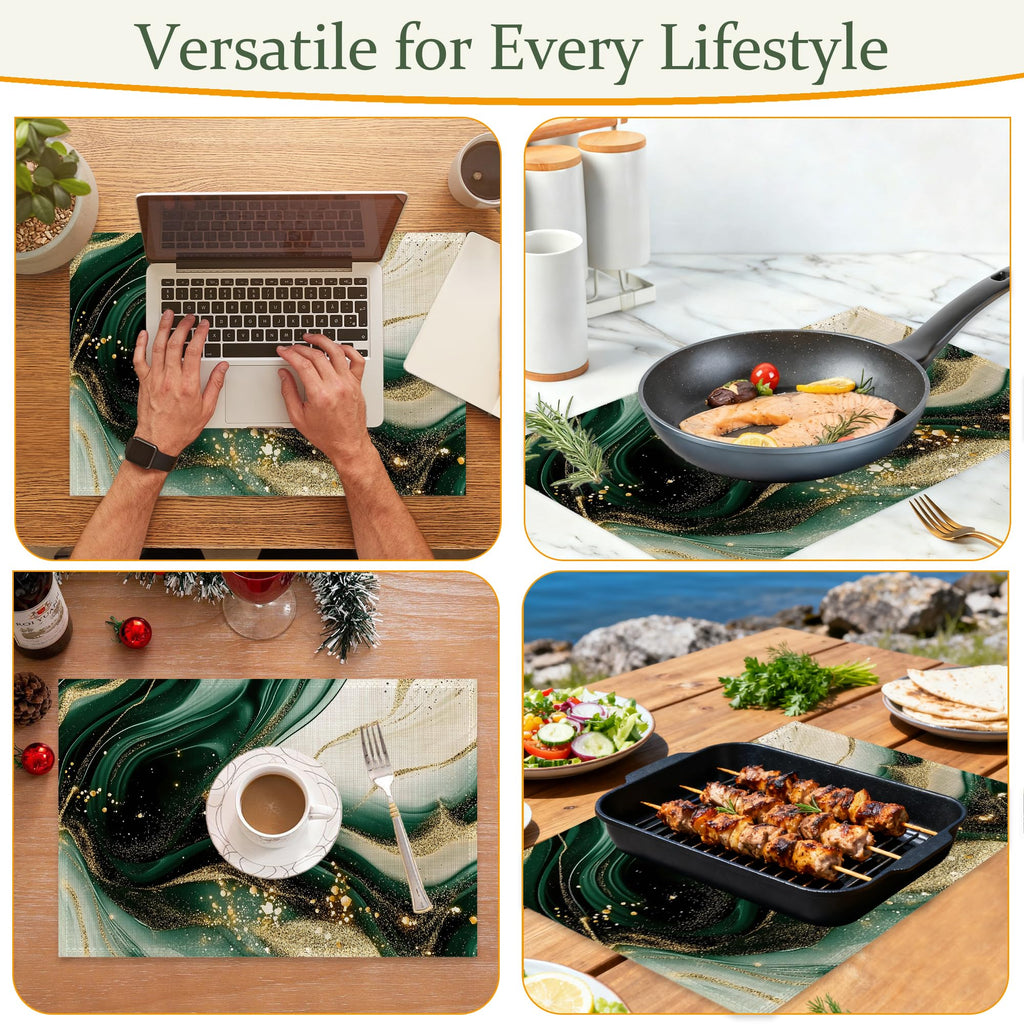 Cloth Placemats,Green Gold Marble Fabric Placemats Set of 6,Washable Modern Table Mats,Decorative Place Mats for