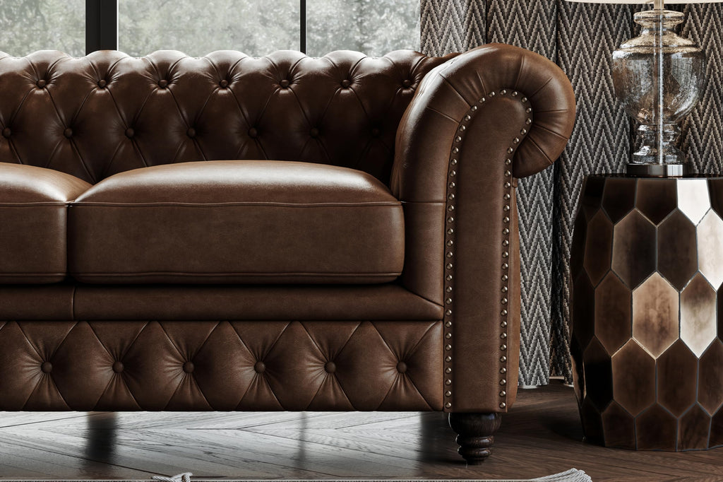 Parma Chesterfield 3 Seater Sofa 82" | Full Leather | Mid-Century Leather Couch with Classic Button Tufted Back, Wood