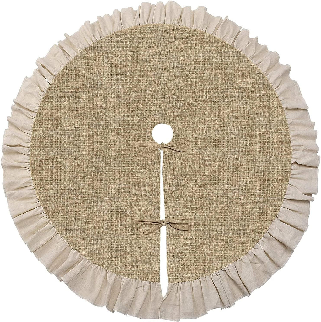 Fall Burlap Tree Skirt with Ruffle, 48 inch Linen Christmas Tree Decoration