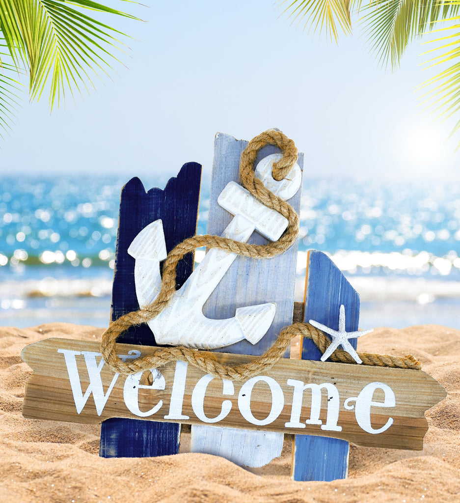 Atlantic Anchor Welcome Nautical Decor Sign - Nautical Themed Wood Sign, Beach Decor for Wall, Novelty White and Blue