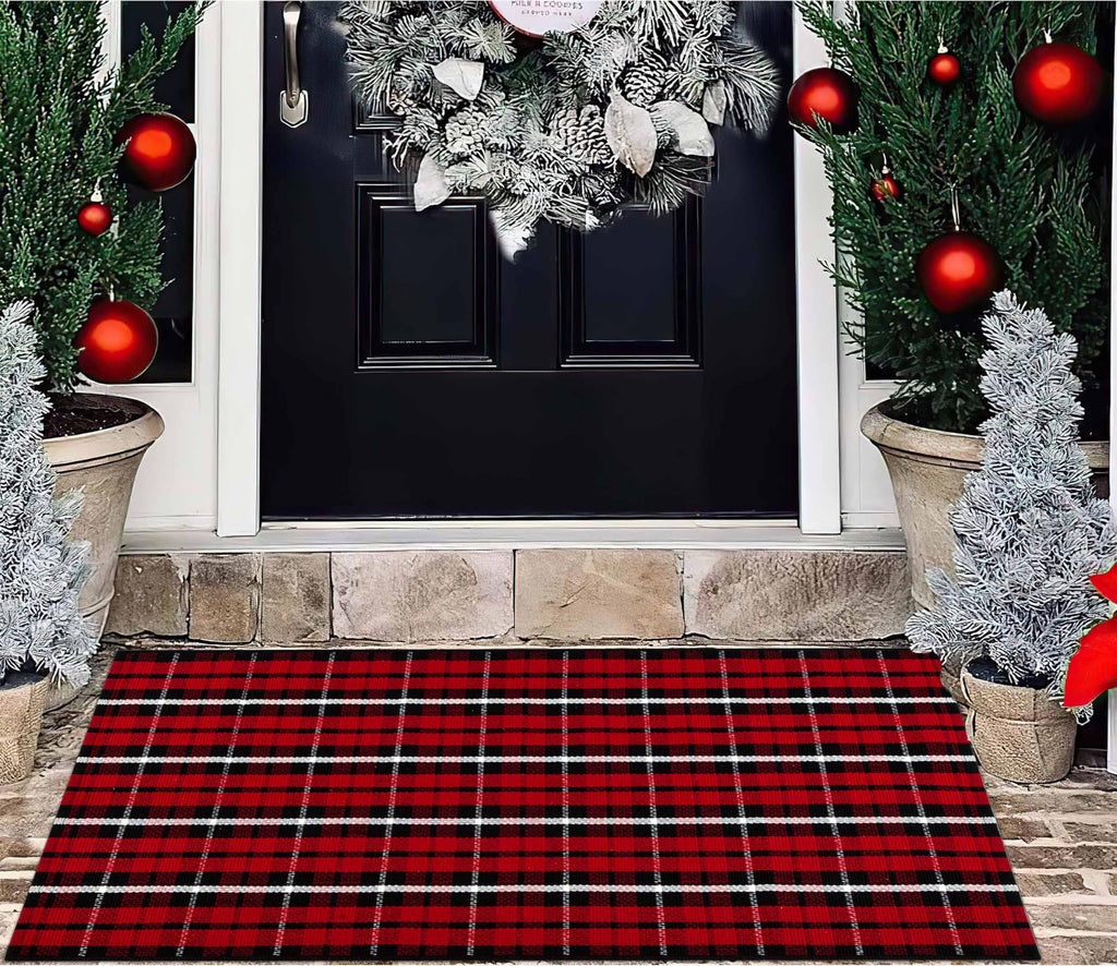 Christmas Outdoor Rugs 24 x 51''Black Red Buffalo Plaid Front Porch Rug Hand-Woven Machine Washable Indoor/Outdoor