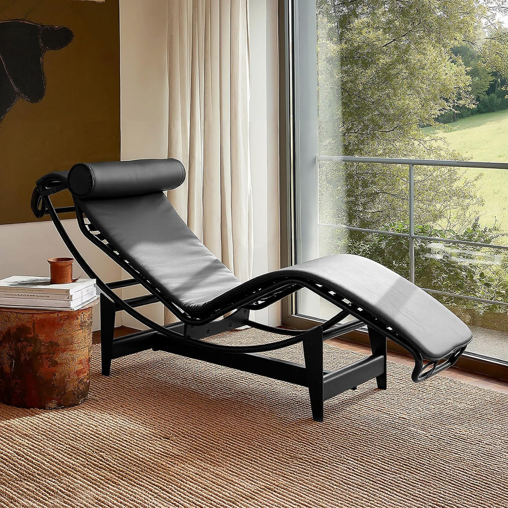 LC-4 Chaise Lounge Chair Floating Chair Black Faux Leather Mid Century Modern Design or Bedroom
