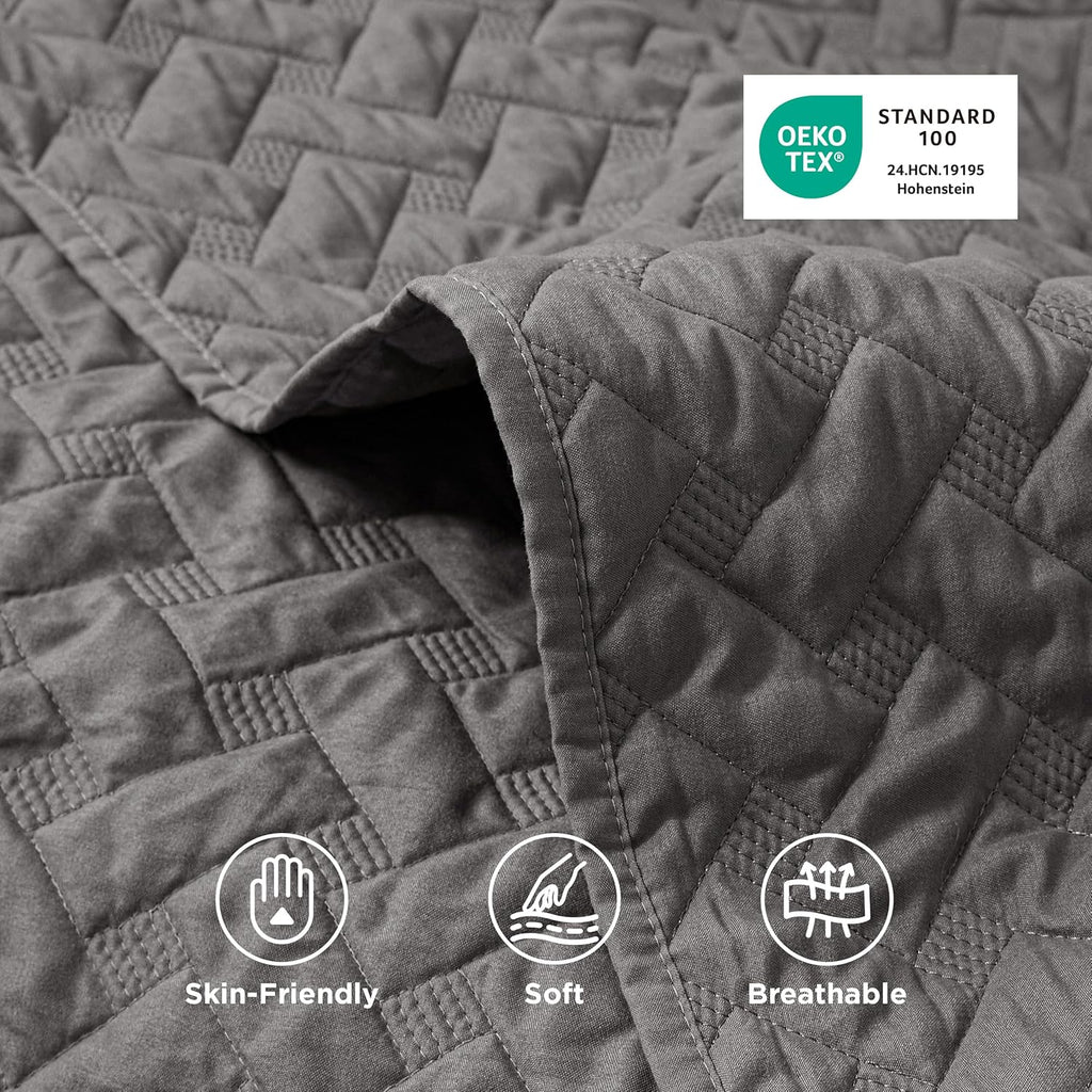 Quilts King - Grey Bedspreads King with Basket Weave Pattern, Soft Quilt Bedding Set, Lightweight Comforter Set