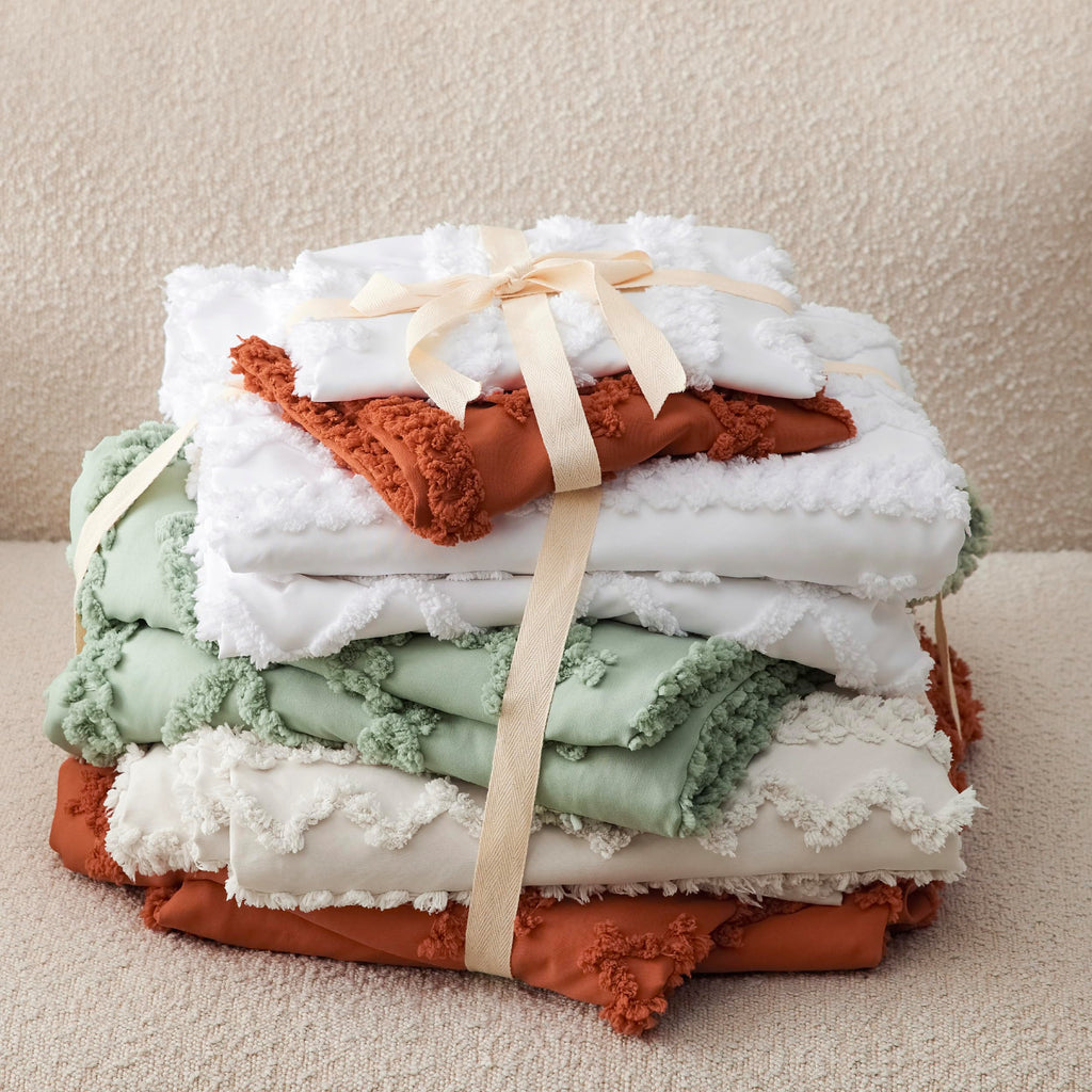 Boho Duvet Cover Queen, Tufted Embroidery, 3-Piece, Terracotta