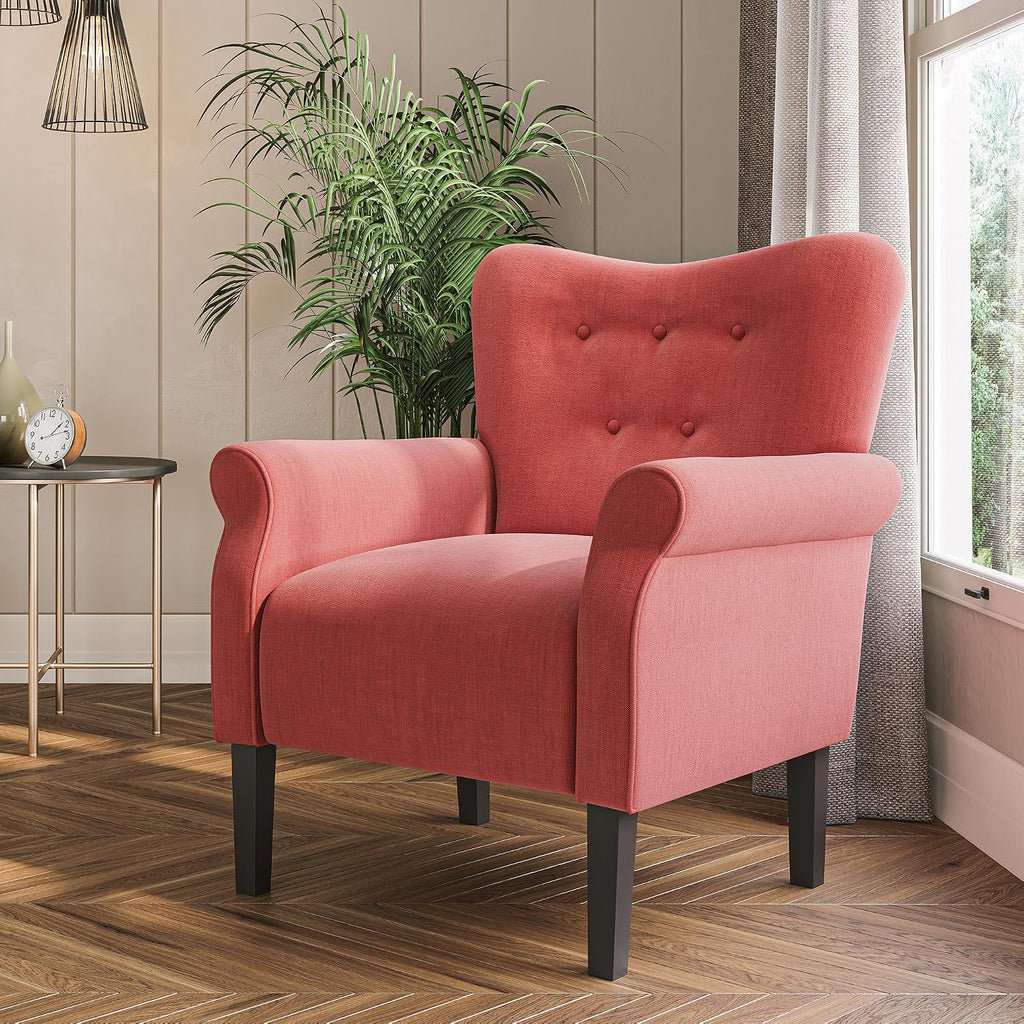 Modern Accent Chair, High Back Armchair, Upholstered Wingback Side Chair, Padded Single Sofa with Wooden Legs - Brick