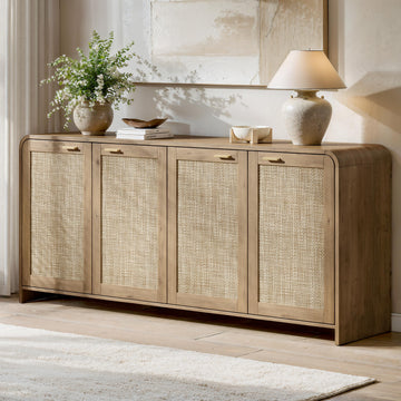 67" Rattan Sideboard Buffet Cabinet with Storage, Caramel Oak