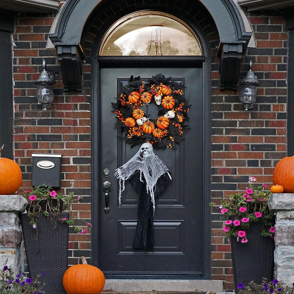 Halloween Wreath with Artificial Pumpkin Handmade Black Maple Leave Skull Pumpkin Orange Berries 20''Front Door