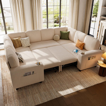 Modular Sectional Sofa Bed, U Shaped Sleeper Sofa Couch with Storage Seat, Corduroy Sectional Couches, Versatile