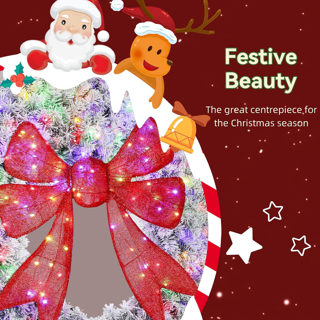 60in Flocked Pre-Lit Artificial Christmas Wreath with 3D Red Bow