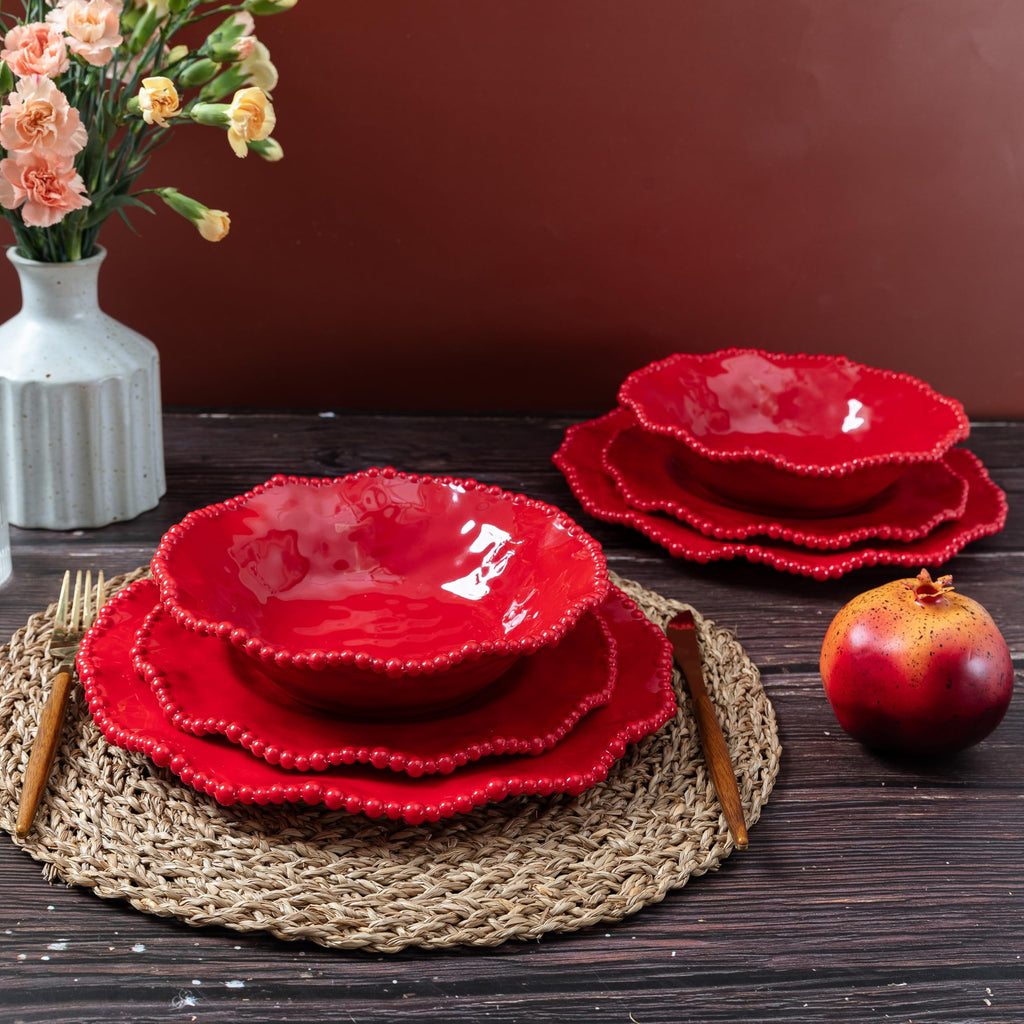 Christmas Red 18 Piece Beaded Melamine Dinnerware Sets, Service for 6, Lightweight Unbreakable, BPA Free With