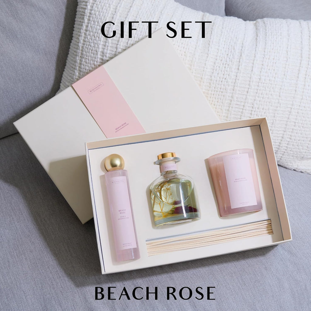 Beach Rose Gift Box | Candle, Room Spray & Reed Diffuser | Rose & Sandalwood | Elegant Home Fragrance | Ready - Set of 3