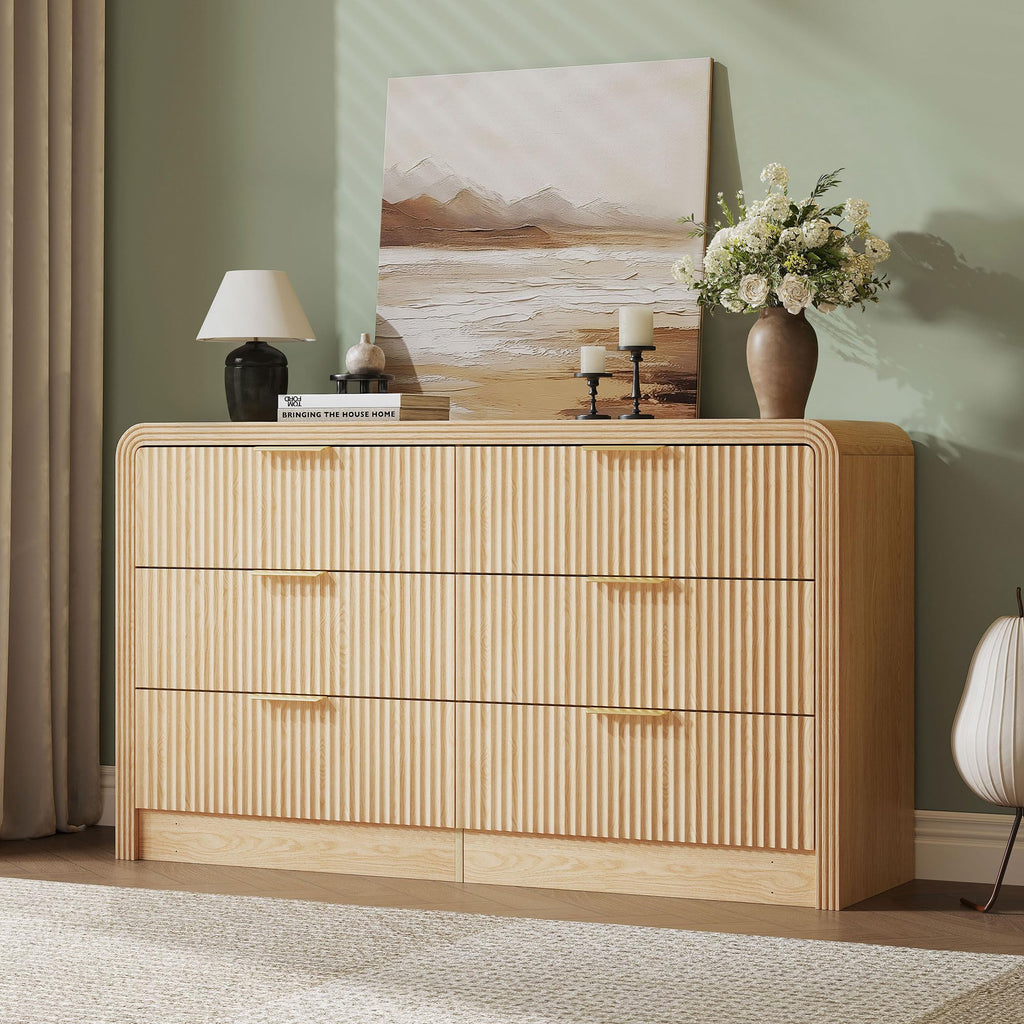 55" W Fluted 6-Drawer Dresser, Natural Oak