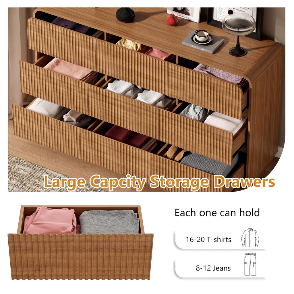 Walnut Dresser Fluted 9 Drawers Dresser, 59" Wide Wood Chest of Drawers with Hidden Handles & Rounded Corners