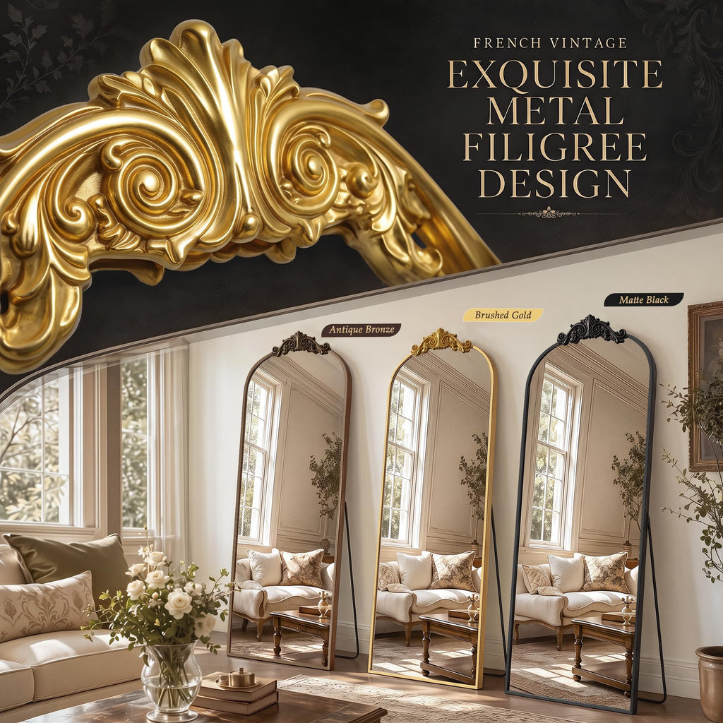 Arched Full Length Mirror, 71"x28" Floor Mirror with Carved, Gold