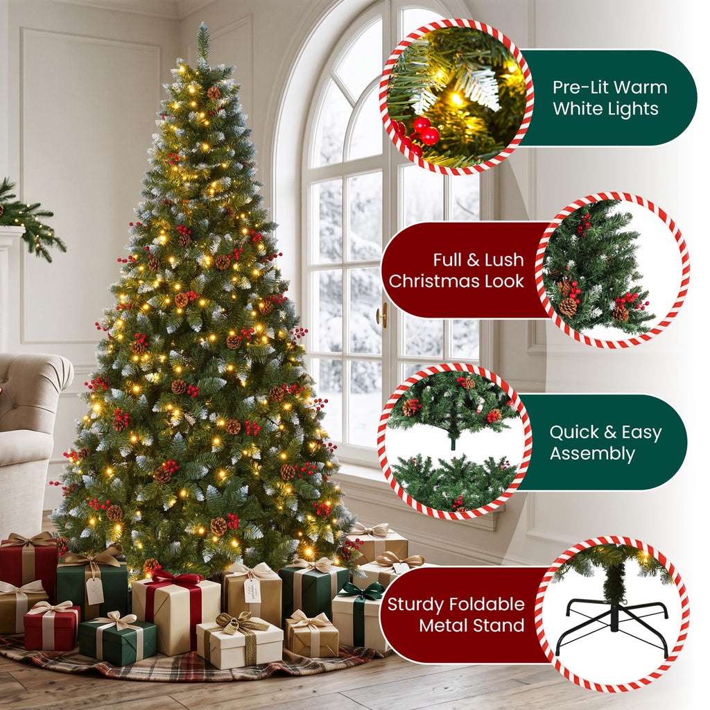 7.5FT Pre-Lit Artificial Christmas Tree with Pine Cones and lights
