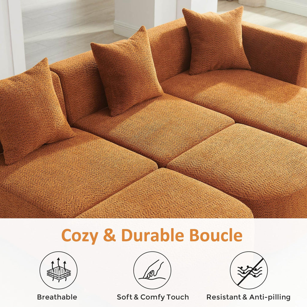 109.84" Modular Sectional Sofa with Pillows, 5-Seater, Boucle Curry