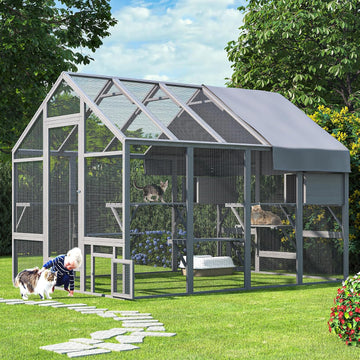 Catio Outdoor Cat Enclosure with Waterproof Cover, 97inch, Grey