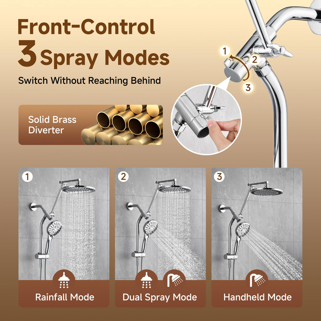 Rain Shower System with Handheld, High Pressure Dual Shower Head Combo, 9-Spray Modes, Adjustable Slide Bar &