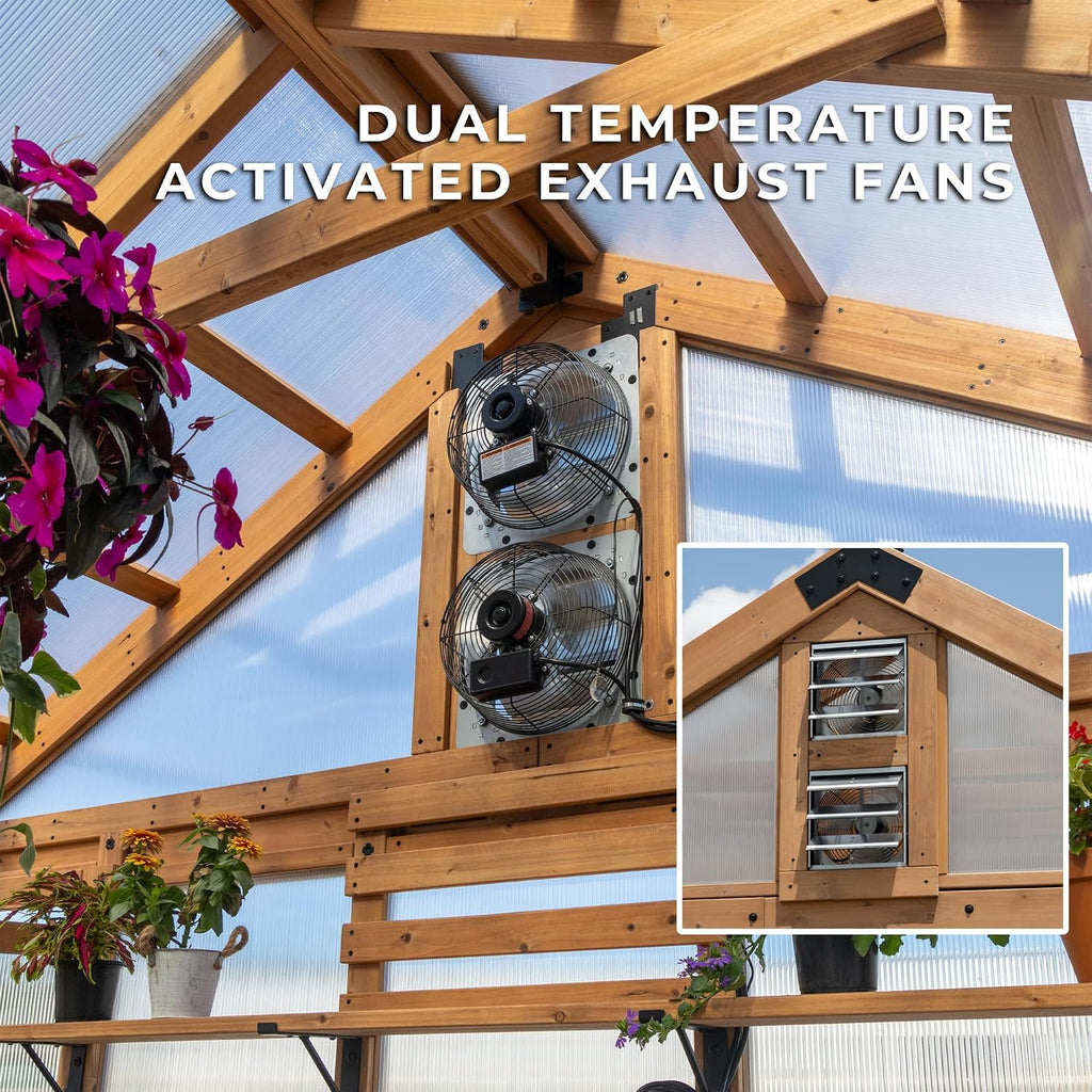 Discovery Savannah Chalet-Style 14.5' x 12' Cedar and Polycarbonate Walk-In Greenhouse Kit with Sink, Exhaust Fans