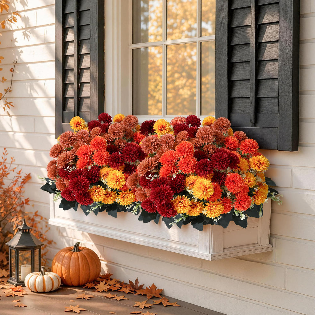 Fake Mums Artificial Fall Flowers for Outdoors Outside Decorations, 12 Bundles Silk Chrysanthemums Fall Flowers Faux