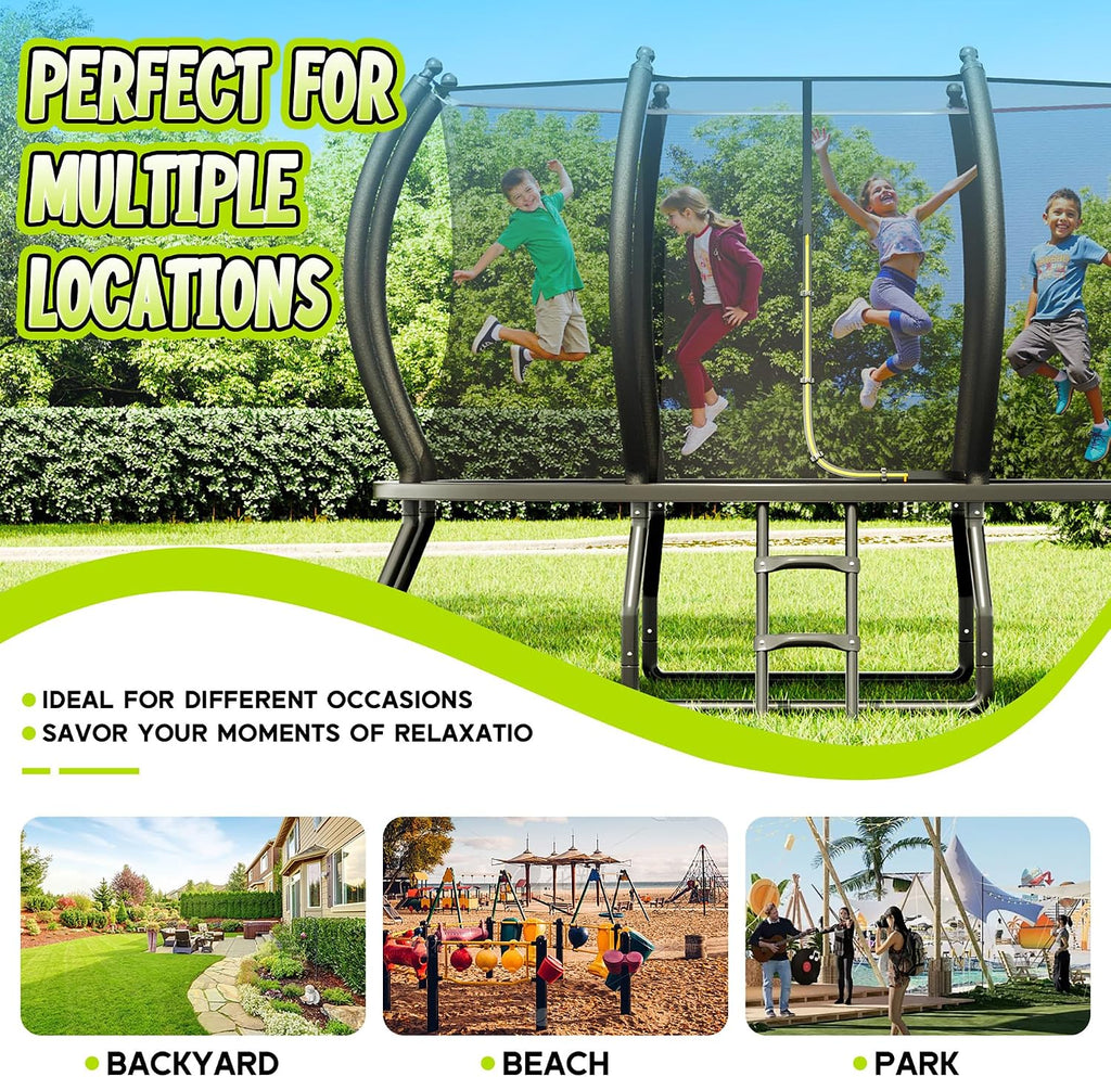 Outdoor Trampoline with Net and Ladder 8FT 10FT 12FT 14FT 16FT | ASTM Approval, Quick Connect Frame, Foam Curved