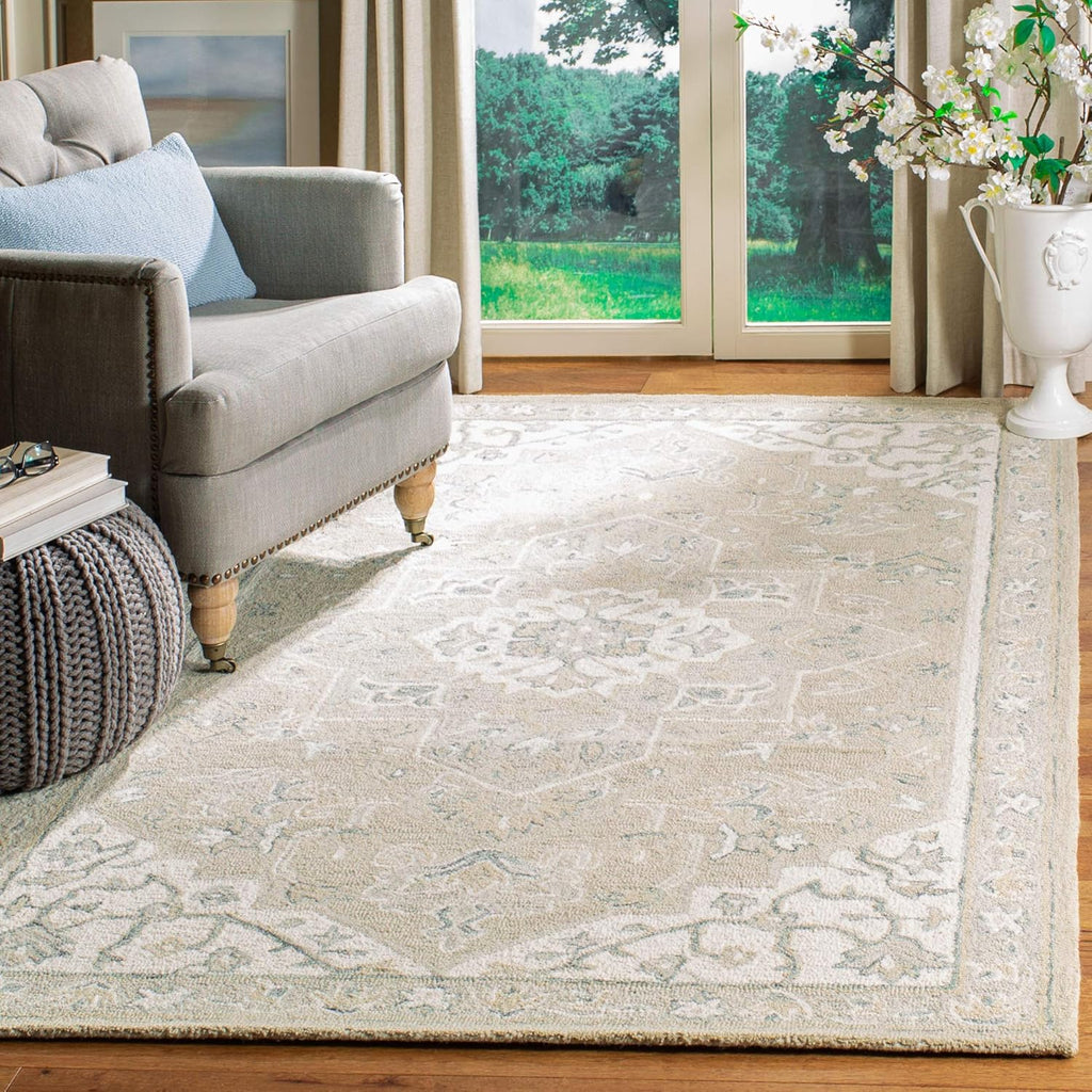 Micro-Loop Area Rug - 9' x 12', Light Grey & Ivory, Handmade Medallion Wool