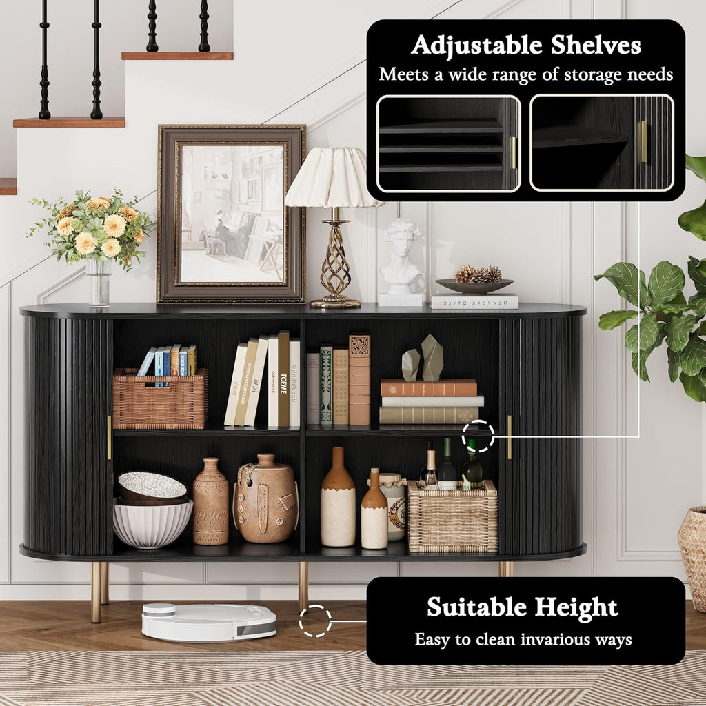 Sideboard Buffet Cabinet with Storage,Mid Century Modern Fluted Accent Coffee Bar Console Table,Tambour Sliding Doors&