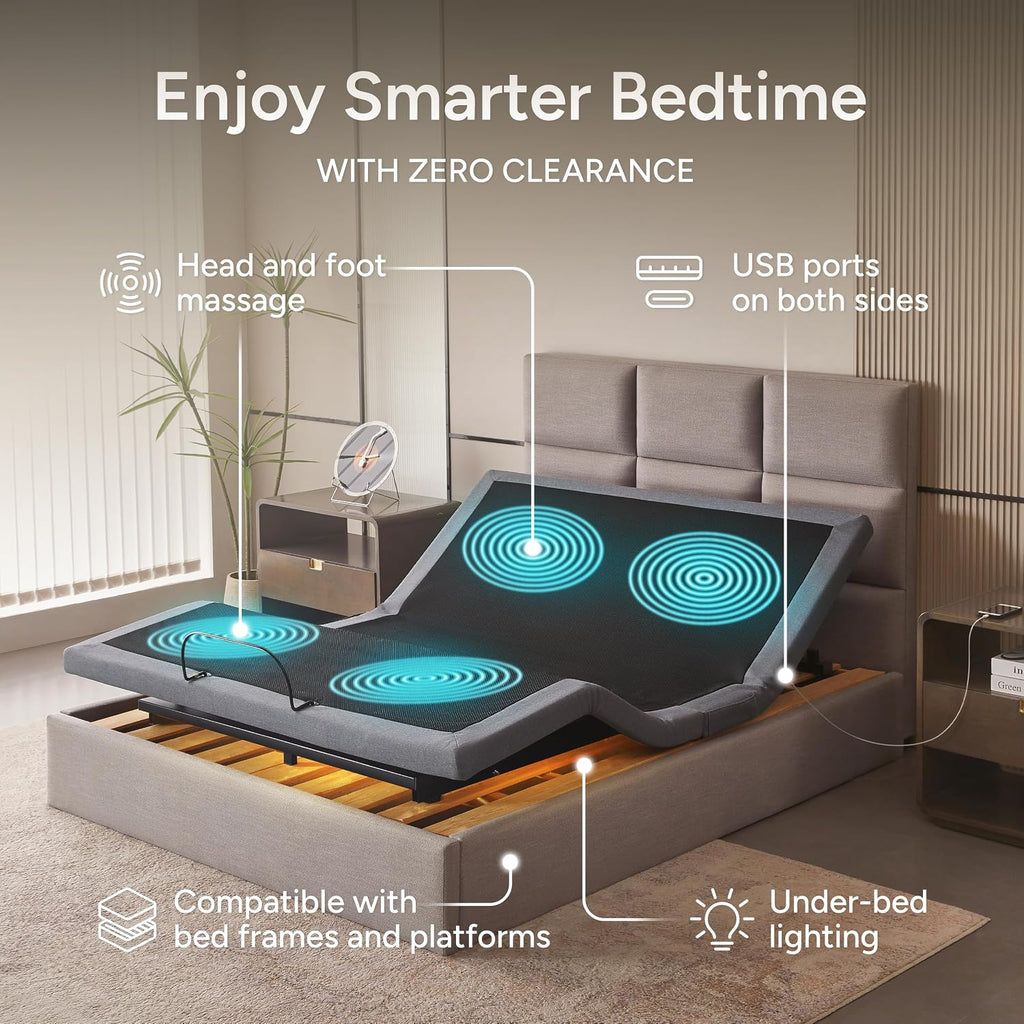 SFE Queen Adjustable Bed Frame - Zero Clearance Smart Frame, Electric Massage, Wireless Remote for Head & Foot Lift