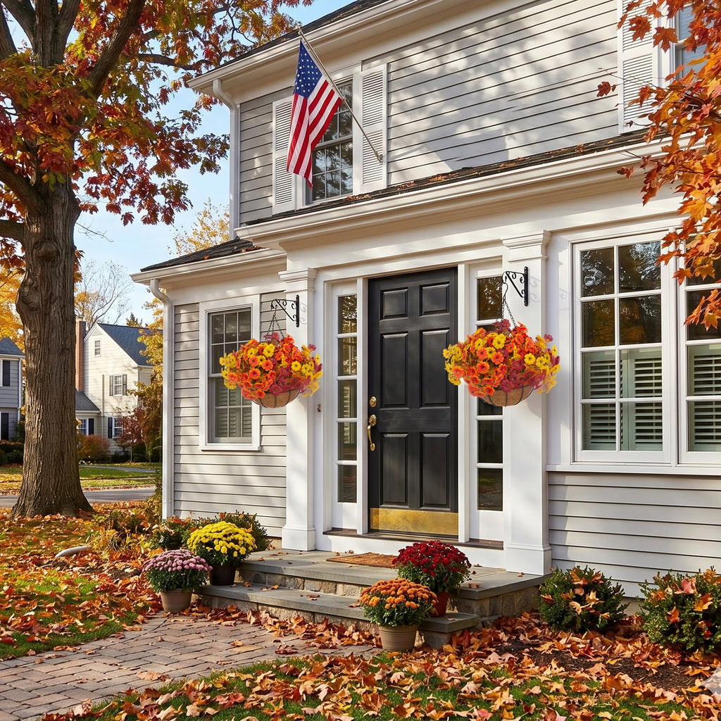 2 Set Artificial Outdoor Fall Flowers with Hanging Basket, 2 Packs Hanging Planters with 24 Pcs Faux Fall Mums for