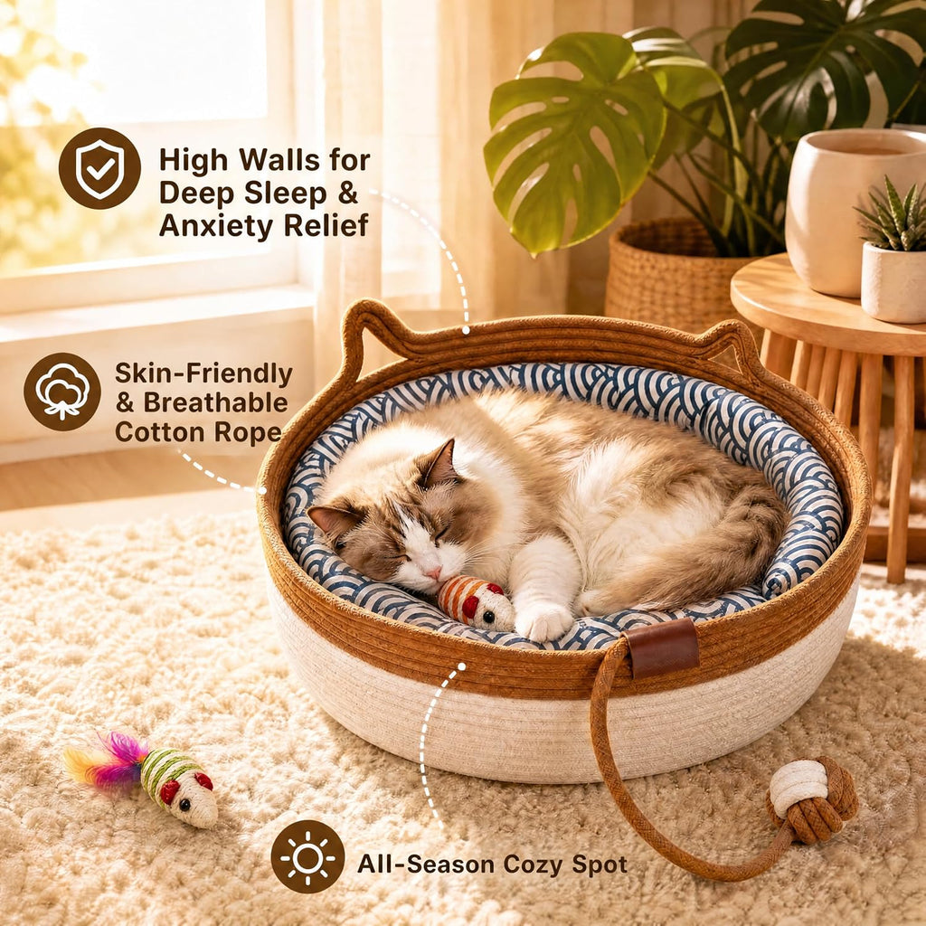 Large Handwoven Cat Basket Bed, Cotton Rope Woven Cat Beds for Indoor Cats