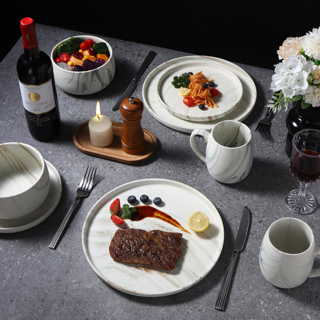 Marble Pattern Dinnerware Set, 16 Piece Service for 4, Includes 10.5" Dinner Plates, 7.75" Salad Plates, 32 oz Bowls