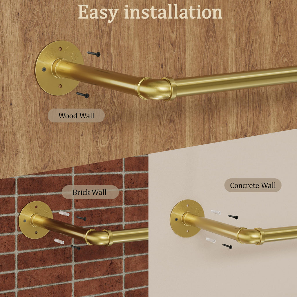 Wall Mounted Clothes Rack, Industrial Pipe Clothing Rack 32 Inch Gold, Wall Clothes Hanger , Cloakroom, Closet