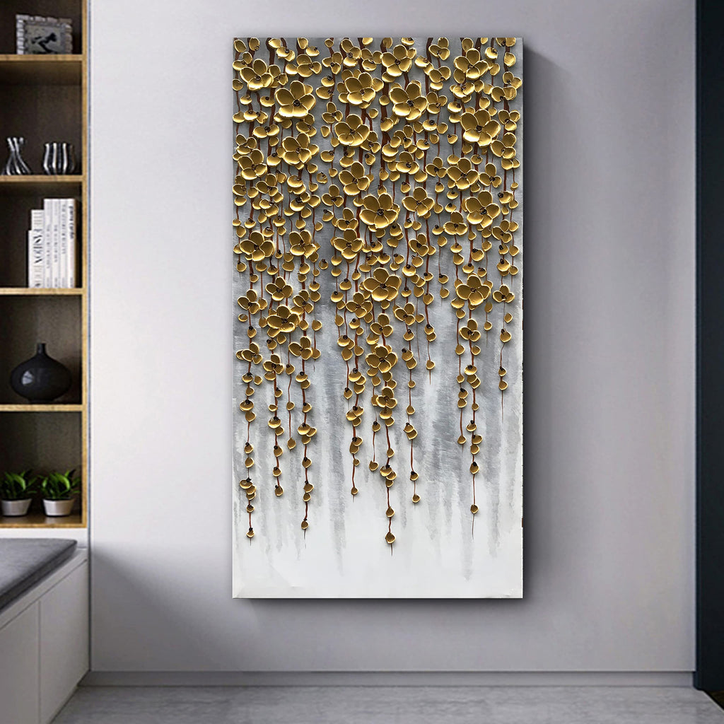 3D Vertical Abstract Canvas Oil Painting Wall Art, 116x57cm Golden Flower Painting Wall Art, Home Living Room Wall