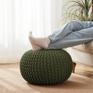 Pouf Ottoman Foot Rest Stuffed - 20" Diameter x 14" Tall Cozy Floor Pouf & More - 100% Cotton Knit Shell, EPS Bead