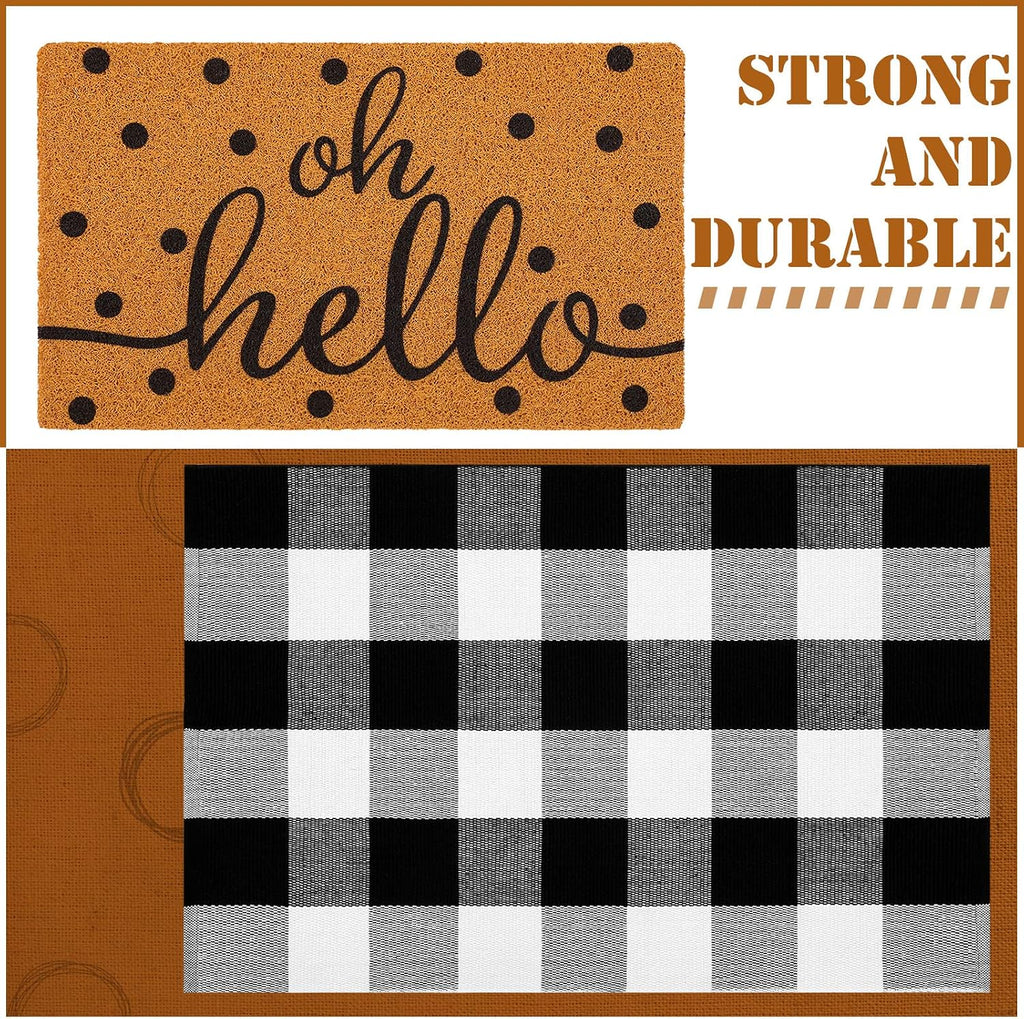 2 Pcs Front Door Mat Buffalo Outdoor Rug Oh Hello Doormat Decor Coir Mat Nonslip Porch Checkered Layered Front Door