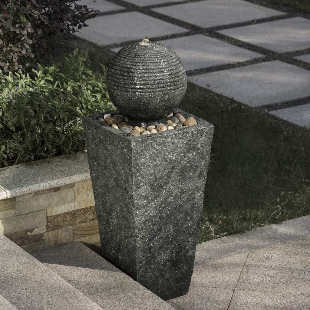 Outdoor Water Fountain with LED Light, Decorative Sphere Pedestal Outdoor Fountain with Submersible Pump